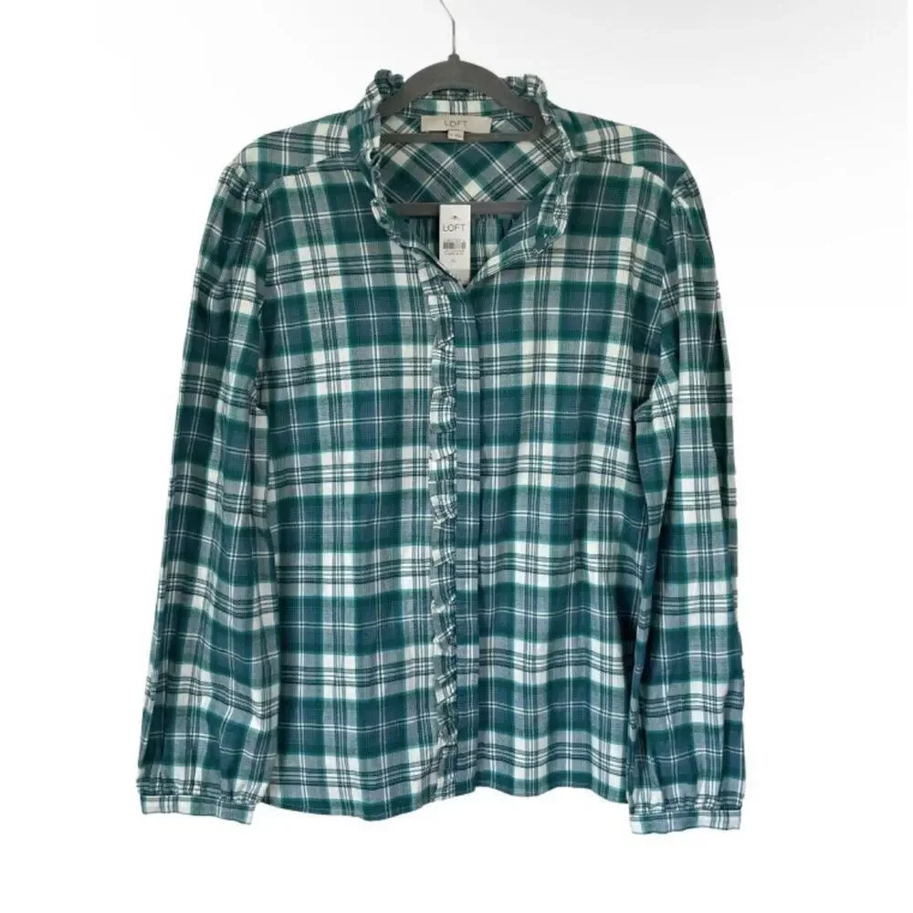 Loft Shirt Size XL Womens Blue Button Front Plaid Ruffle Collar‎ Prairie Top NEW - Picture 2 of 10